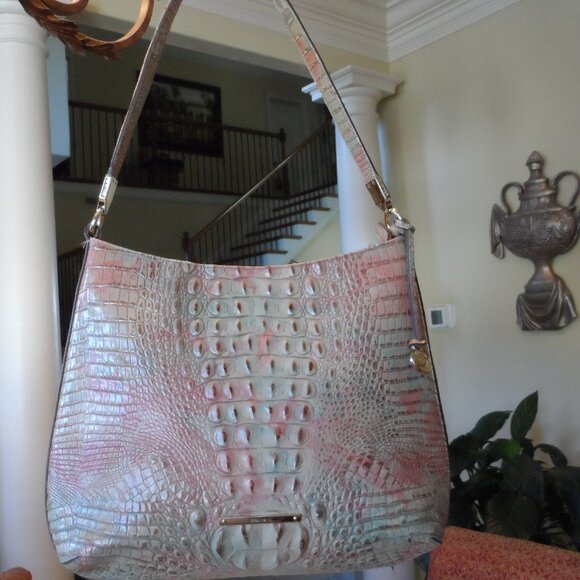 Brahmin “Katie” Pastel Multi-Color Melbourne Croc-Embossed Leather Shoulder Bag - Picture 1 of 16